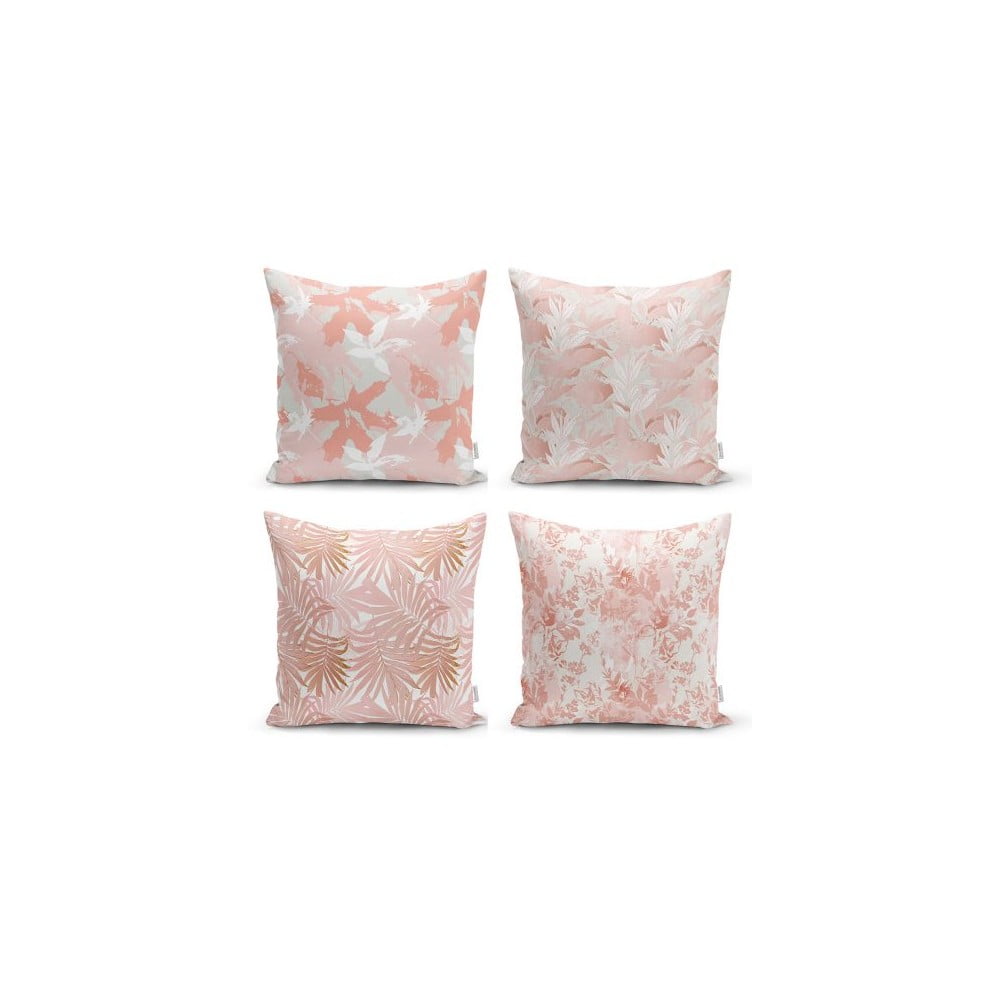 Sada 4 dekorativních povlaků na polštáře Minimalist Cushion Covers Pink Leaves