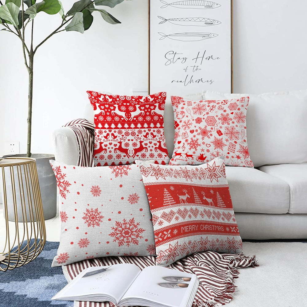 Sada 4 vánočních žinylkových povlaků na polštář Minimalist Cushion Covers Red Snowflakes