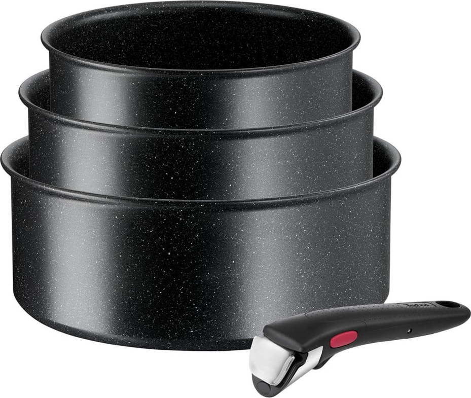 Hliníkové hrnce na indukci s nepřilnavým povrchem a odnímatelnou rukojetí v sadě 3 ks INGENIO Black stone L3998902 – Tefal Tefal